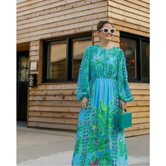Lilly Pulitzer Chyanna Maxi Dress Women’s 14 Porto Blue Tropical Vacation - Picture 1 of 13